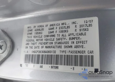 2008 Honda Accord 2.4 Lx from USA, damaged, VIN 1HGCP26308A060132